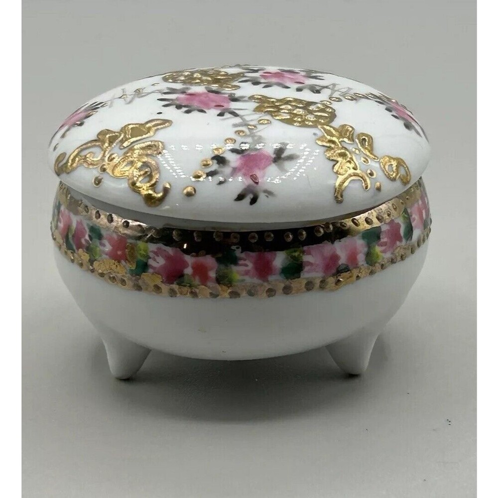 Vintage Nippon Hand painted moriage Trinket Box Porcelain With Lid‎